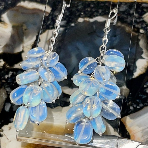 Milky Iridescent Opalite Earrings 2 1/2” - Picture 7 of 17